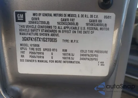 2001 GMC Yukon Xl 1500 Slt z USA, uszkodzony, nr VIN 3GKFK16TX1G270835